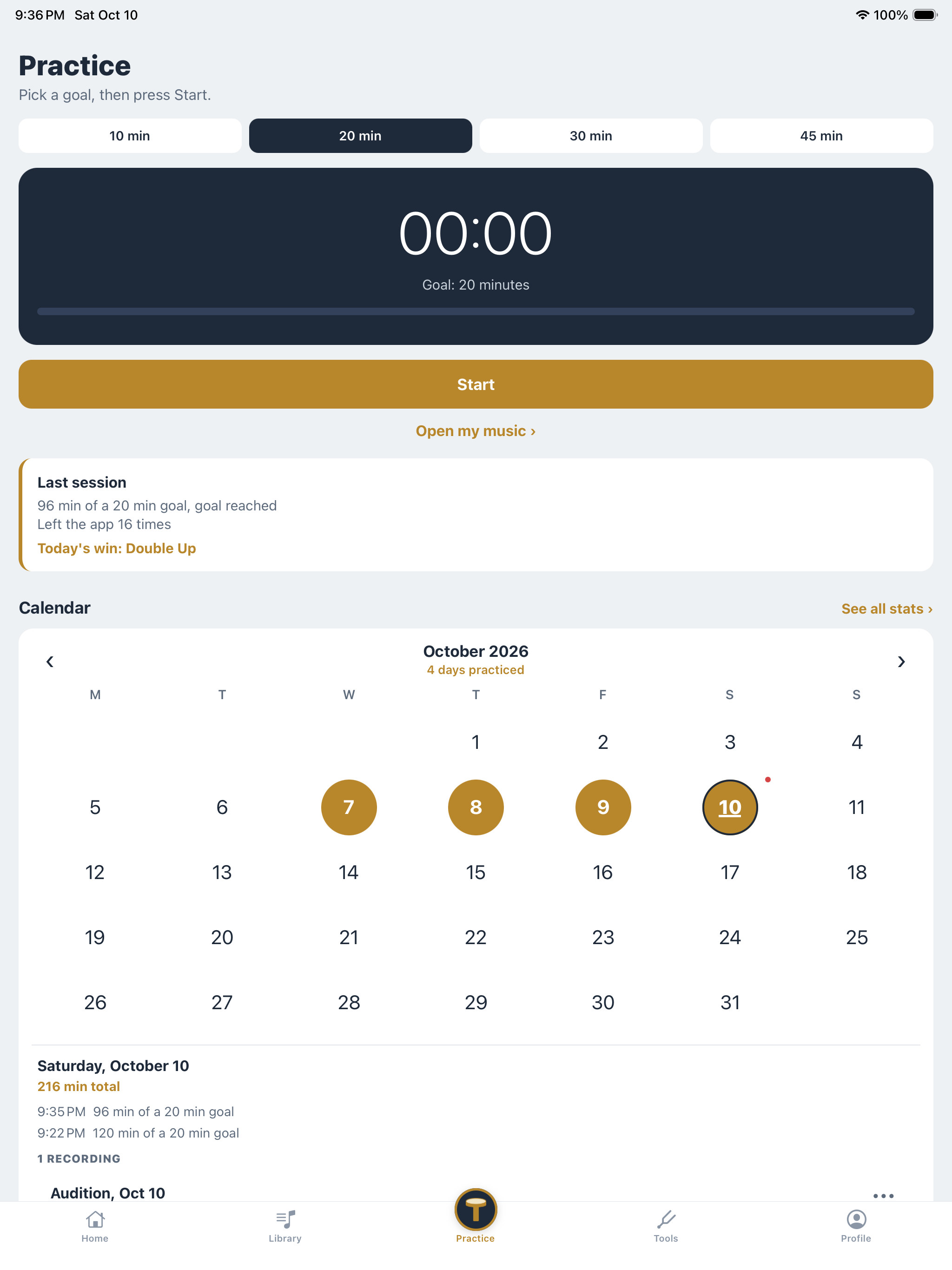 The practice timer with a 20-minute goal and a calendar of practice days